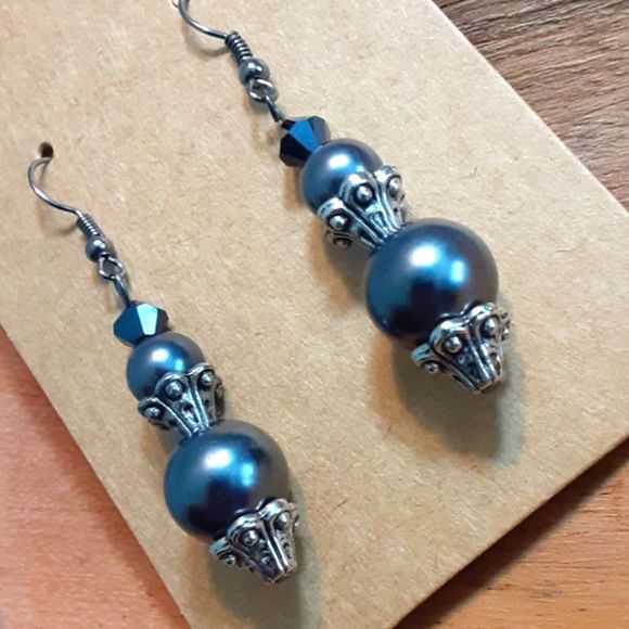 Smokey Charcoal drop fishhook earrings 2 in. Long with beautiful glass beads. - Picture 3 of 3